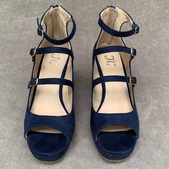 Journee Collection Navy Blue Microsuede Strappy Demi Wedges - Picture 4 of 16